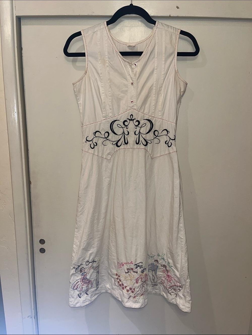 Snak Embroidered White Midi Dress with Black Waist Detail & characters